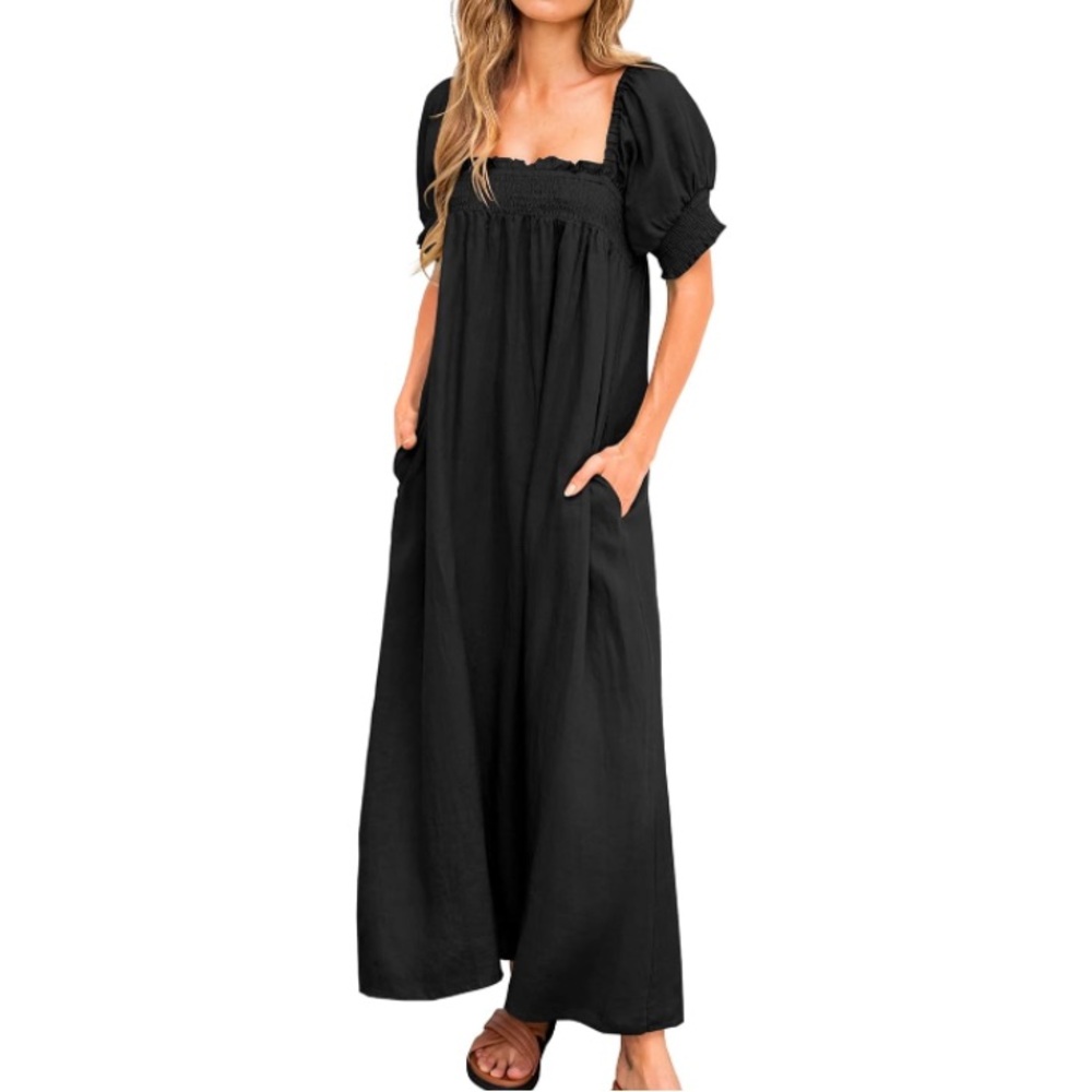 Black Puff Sleeve Maxi Dress with Pockets